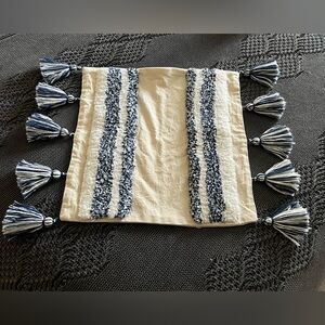 Beige and Blue Tassel Pillow Cover. Canvas-like material. 15x15. Tassel 4 inches